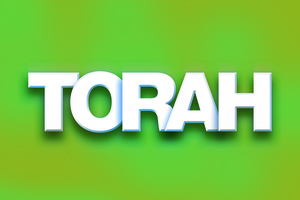 The word "Torah" written in white 3D letters on a colorful background concept and theme.